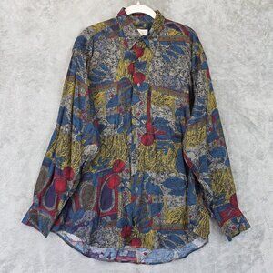 Vintage Reunion Shirt Mens Medium Abstract Rayon Button Up Long Sleeve 90s